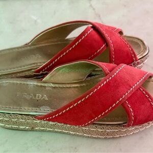 Prada Coral Suede Crisscross Espadrille Slides